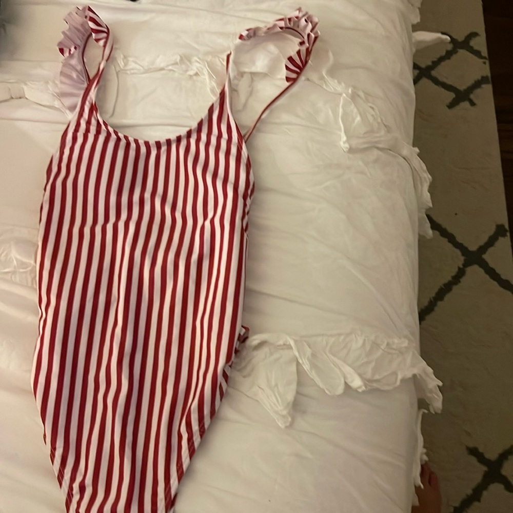 Super cute red and white stripped one piece bikini. High rise bottom part.